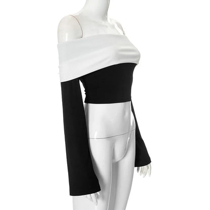 Off-Shoulder Patchwork Contrast Cropped Top