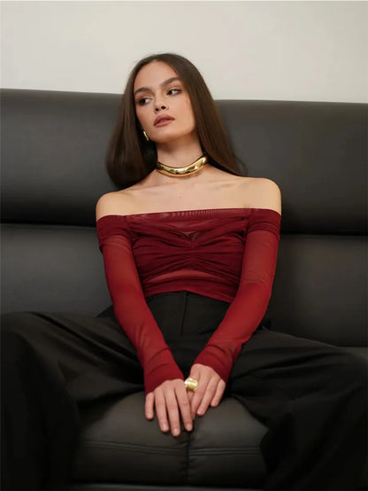 Mesh Off-shoulder Pleated Bust Strapless See Through Top