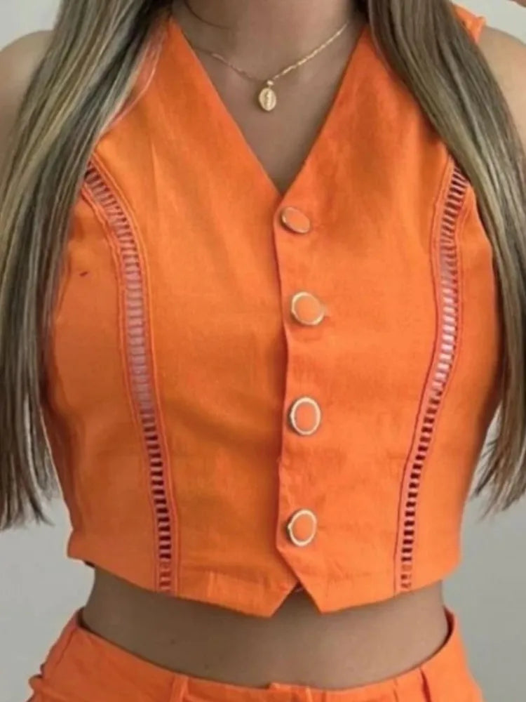 Buttons Sleeveless Solid Top and Shorts Suit