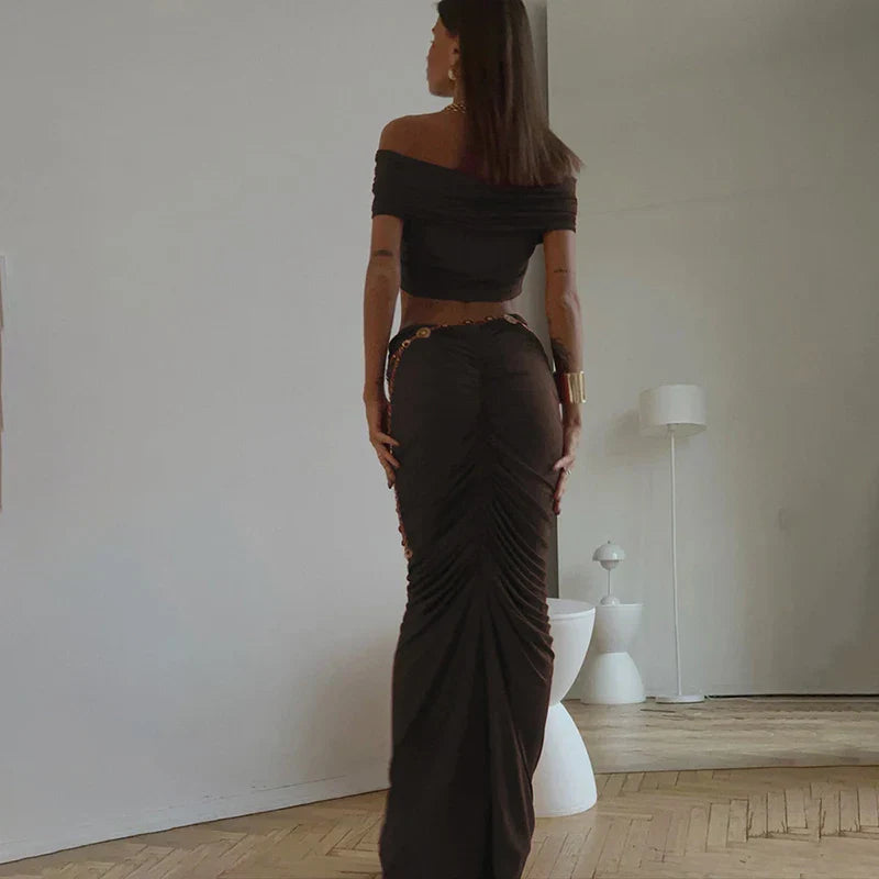 Off-shoulder Crop Top And Long Skirt Suit
