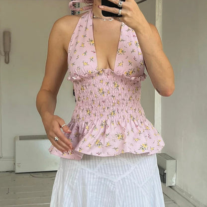 Floral Print/Swiss Dot Tie-Up Halter Backless Tops
