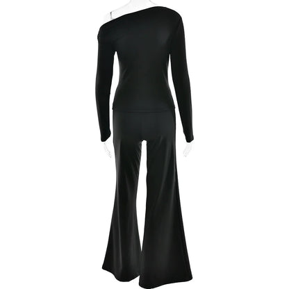 One Shoulder Flare Sleeve Top Long Pant Suit