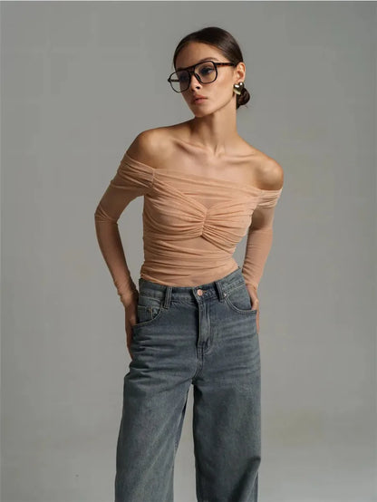 Mesh Off-shoulder Pleated Bust Strapless See Through Top