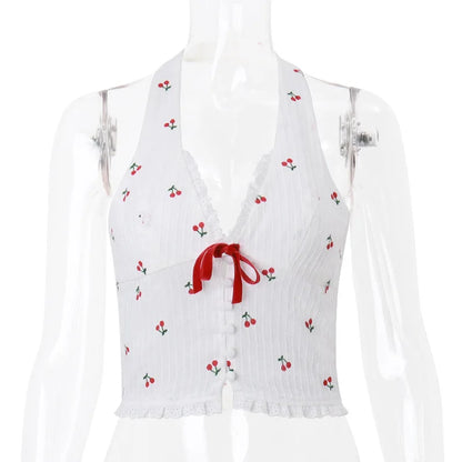 Floral Knit Halter White Crop Top