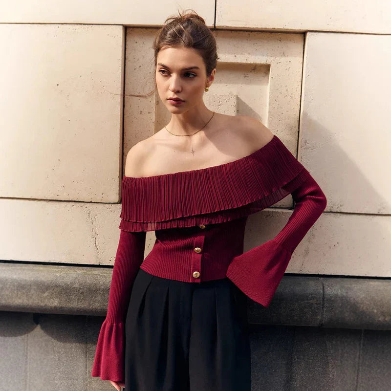 Off-Shoulder Knitted Flare Sleeve Top