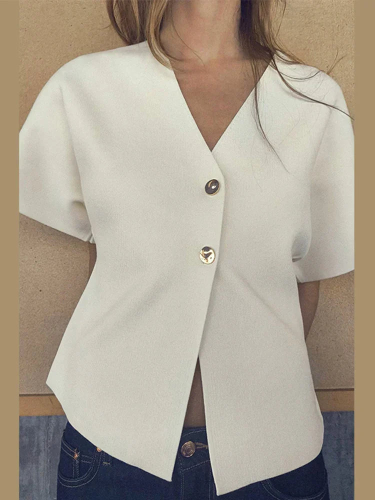 Knitted Flat Pin V-Neck Solid Short Sleeved Tops