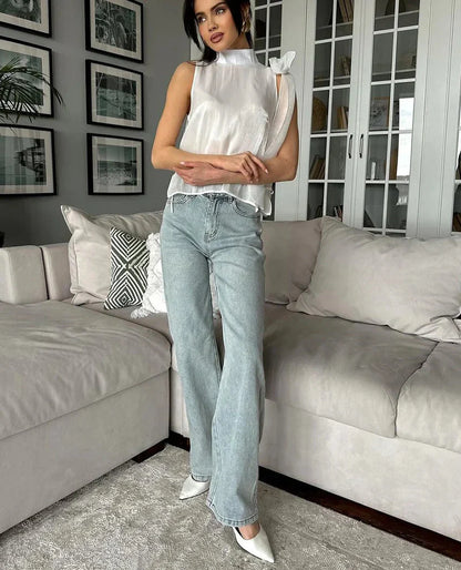 Loose Stand Collar Lace-Up Tops
