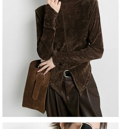 Front Side-slit Solid Color Soft Long Sleeve Top