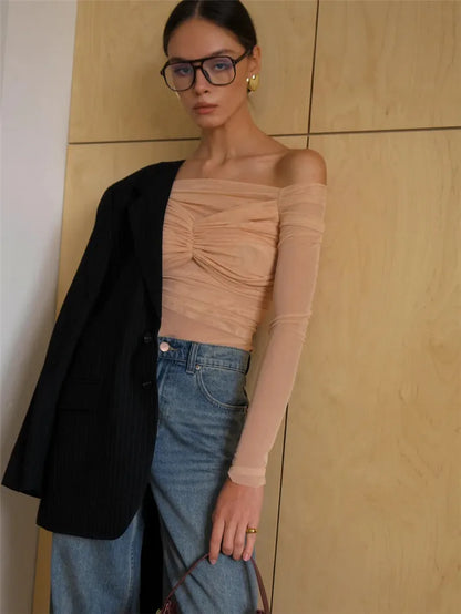 Mesh Off-shoulder Pleated Bust Strapless See Through Top