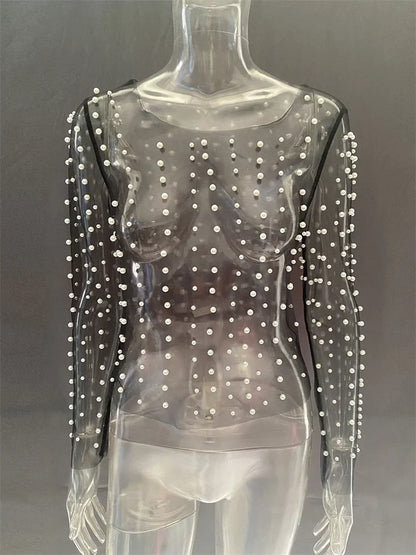 Long Sleeve Mesh Sheer Lace Pearls Top
