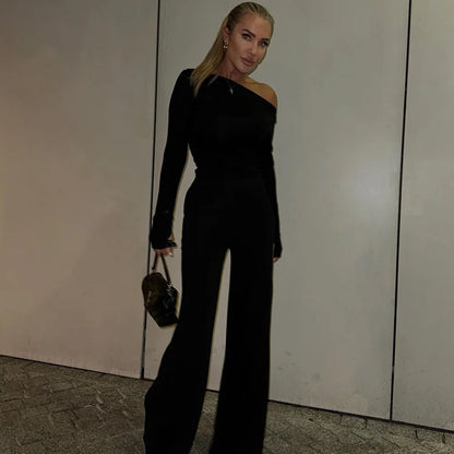 One Shoulder Flare Sleeve Top Long Pant Suit