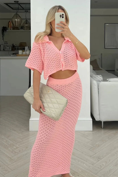 Knit Hollow Out Top and Long Skirt Suit