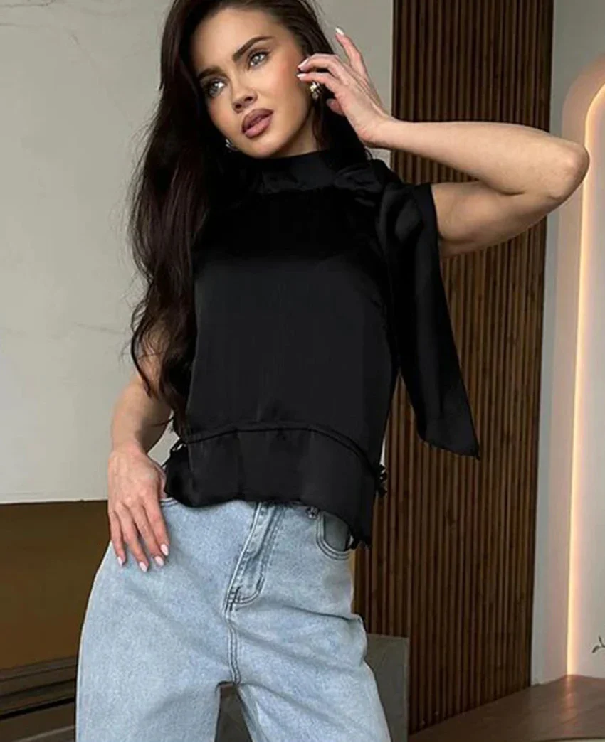 Loose Stand Collar Lace-Up Tops
