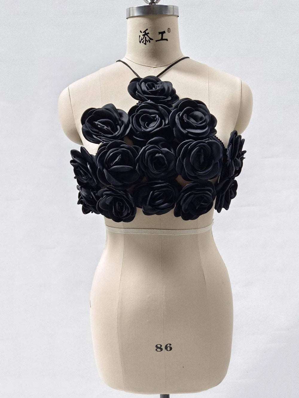 3D Flower Splicing Lace-Up Design Black Crop Top