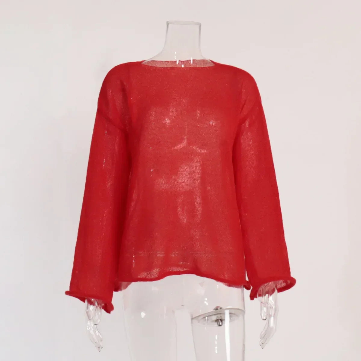 Hollow Solid See-through Long Sleeve Knitted Top