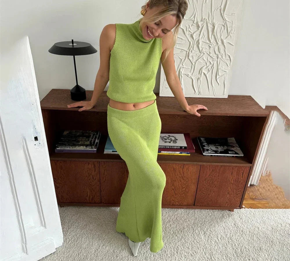 High Neck Knitting Top and Solid Long Skirt Suit