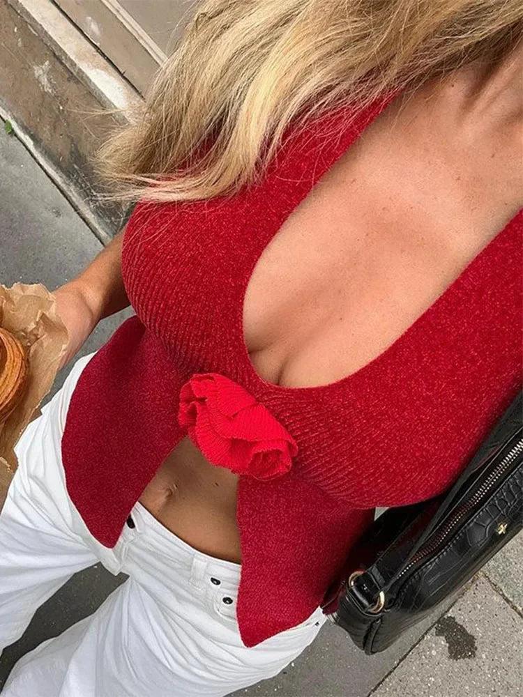 Halter Neck Sleeveless 3D Flower Solid Crop Top