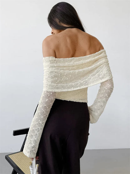 Knit Sweater Backless Off-Shoulder Patchwork Top