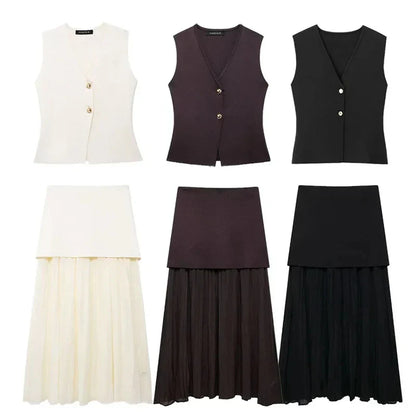 Button Knit Top Side Zipper Skirt Suit