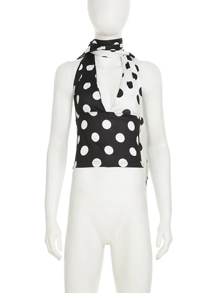 Contrast Polka Dot Cross Scarf Vest Two Wears Short Top