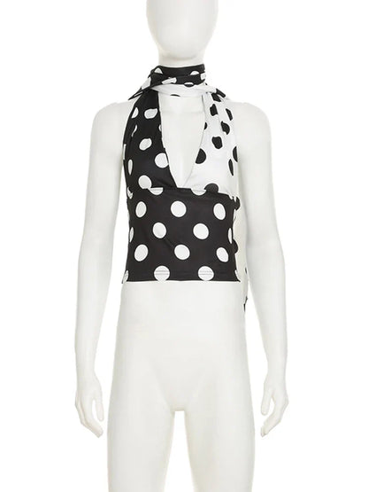 Contrast Polka Dot Cross Scarf Vest Two Wears Short Top