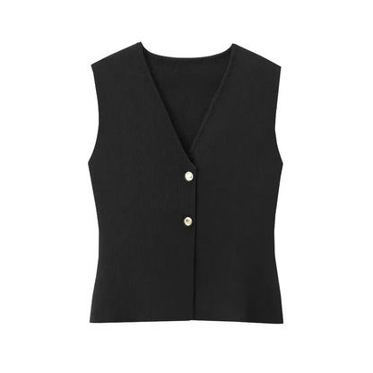 Button Knit Top Side Zipper Skirt Suit