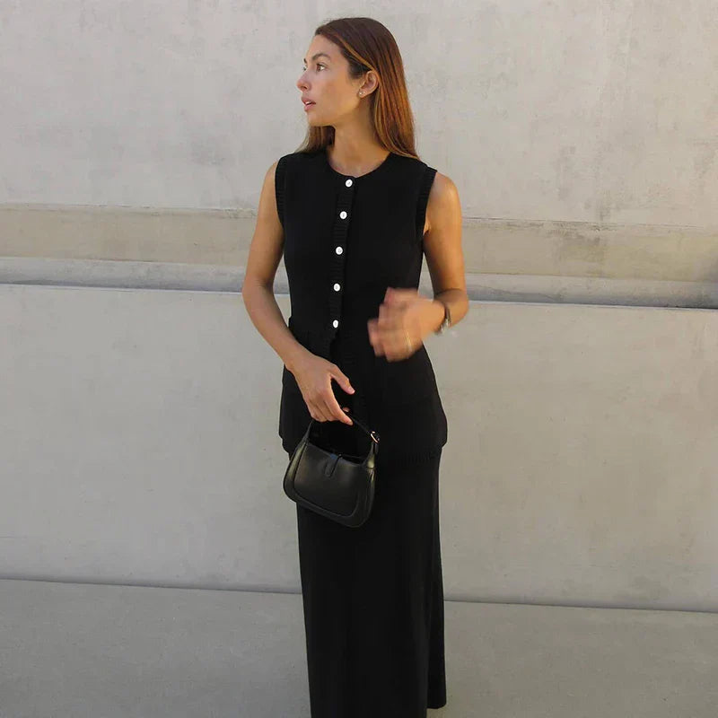 Knitted Sleeveless Top Slit High Waist Long Skirt Suit