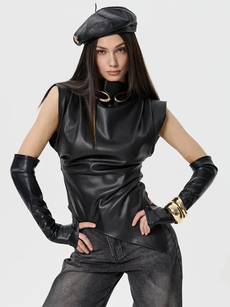 Faux Leather Folds Crop Tops With Gloves