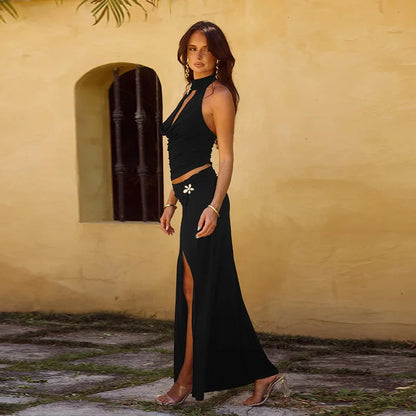 Halter Crop Top and  Long Skirt Two Piece Set