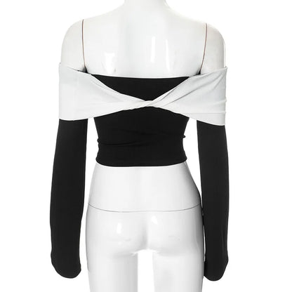 Off-Shoulder Patchwork Contrast Cropped Top