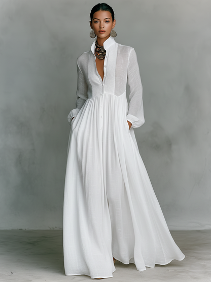 Women's Minimalist Cotton And Linen Patchwork Single-breasted Stand-up Collar Long-sleeved Maxi Dress MDA0658K6Y
