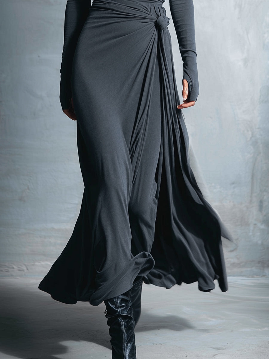 Women's Gray Exquisite Stretch Blended Fabric Wrap Dress - Knotted Maxi Dress MDA1401H9I