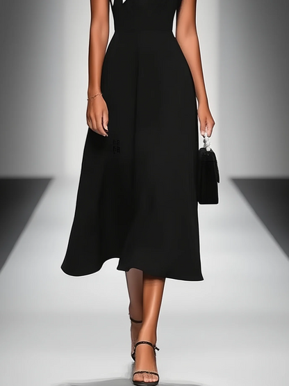 Women's Colorblock Square Neck Cap Shoulder Sleeve Waist Midi Dress MDA2447F4Y