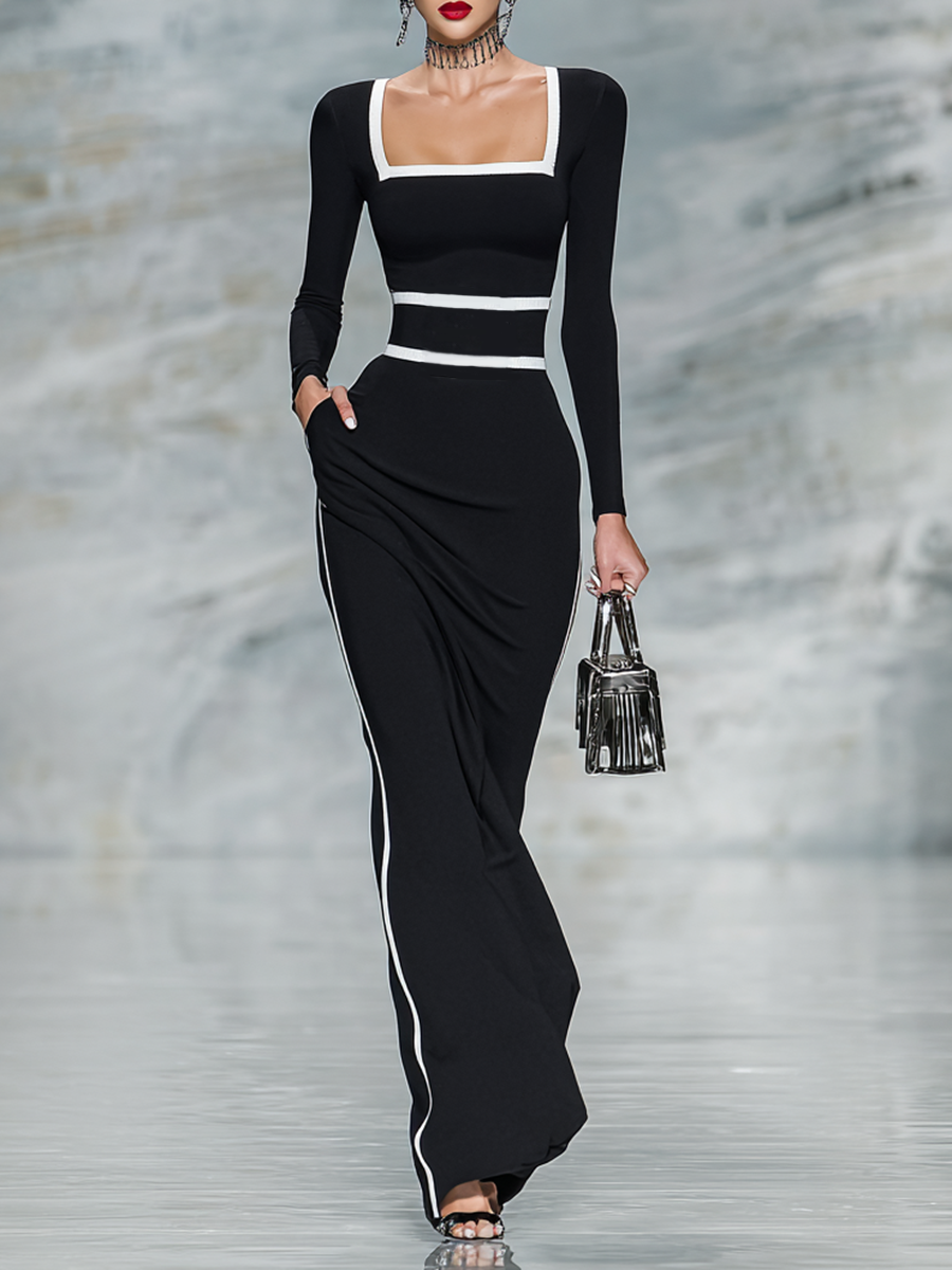 Women's Black And White Trim Square Neck Long Sleeve Tight Maxi Dress MDA1698G8Y