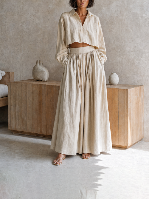Women's Vacation-Style Beige Cotton-Linen Collared Dropped-Shoulder Long-Sleeve Cropped Top + High-Waist Pleated Wide-Leg Pants MDZ0766G0CMX