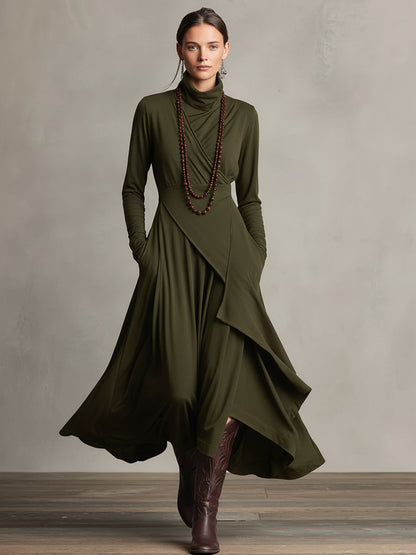 Women's Purple Bohemian Cotton Stretch Turtleneck Asymmetrical Draped Maxi Dress MDA2055J9I