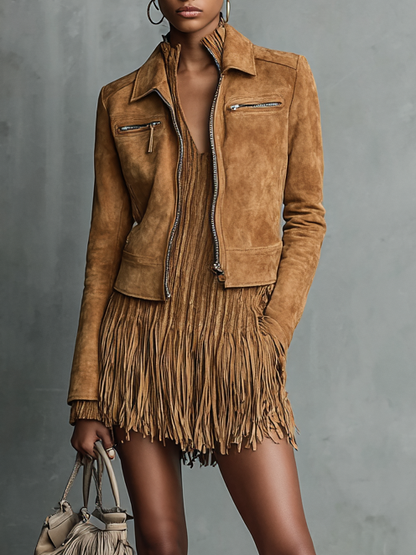 Women's Fashion Cropped Suede Lapel Zipper Jacket MDA2545H7Y