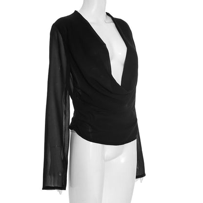 Deep V-neck Chiffon Long-Sleeved Top