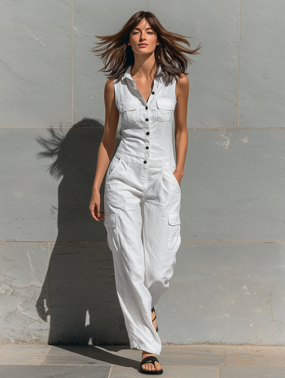 Women's Minimalist Cotton Blend Single-breasted Sleeveless Jumpsuit MDZ1304A4Y